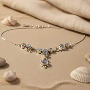 Women's 925 <b>Silver</b> Moonstone <b>Necklace</b> 14K Gold <b>Rose</b> Gold Rhodium Plated Geometric Pattern Diamond Pearl Set Gemstone Gift - Product Image 1