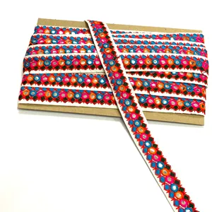 Wholesale Multi Size 100% Polyester Soft Embroidery Trim Lace with <b>Plastic</b> <b>Mirror</b> Thread Work Ruffle 25MM Width for Decorations - Product Image 1