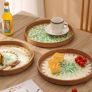 Decorative Rattan Wicker <b>Serving</b> Tray Mother Pearl Inlay-Multi-Functional Bread Basket Fruit Storage Tray for Coffee Table Use - Product Image 3