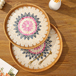 Organizador de mesa decorativo, juego de bandeja de servicio MOP de ratán, bandejas de concha de Capiz de mosaico de alta calidad - Product Image 1