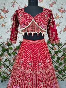 Lehenga indien en soie Kasturi de qualité supérieure, orné de filet, couleur rouge royal, très vendu, vêtements de mariée pour femmes, vêtements de mariage - Product Image 3