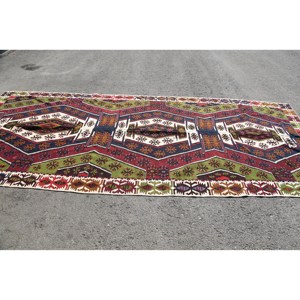 Alfombra Kilim turca Vintage de 5,8x13,4 pies, diseño de retazos rojo y verde, Material de lana, respaldo de látex, rectángulo abstracto de 10mm para vivir - Product Image 3