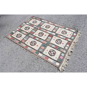 พรมสีเบจสไตล์ตุรกีวินเทจขนาด3.8x5.2ฟุตผ้าถักแบบเรียบงานปะต่อผ้าขนสัตว์ลาเท็กซ์สำหรับตกแต่งห้องนั่งเล่นวัยรุ่น - Product Image 2