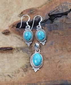 Turquoise bleue naturelle 925 argent Sterling fait à la main concepteur personnalisé boucle d'oreille pendentif bel ensemble pour les femmes - Product Image 4