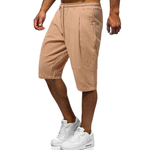 Shorts d'été en toile pour homme, taille haute, avec cordon de serrage, 180g, longueur genou, sport, décontracté, respirant, couleur unie, logo frontal - Product Image 4