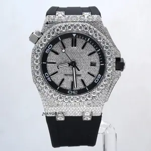 Luxury Design Black Rubber Belt Iced Out Vvs Moissanite Diamond Automatic Mechanical Outdoor Watches For Men