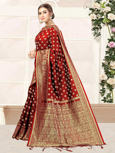 Sari décontracté en soie Banarasi pour femmes Trendmalls avec pièce de chemisier non cousue (S11-Rouge) pour les occasions de mariage, coupe régulière - Product Image 2