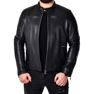 Chaqueta bomber de cuero de piel de oveja negra sólida de moda clásica para hombre con dos bolsillos interiores de invierno - Product Image 4