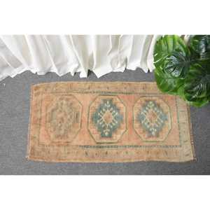 Turkish Vintage Rug, 1.7x3.1 ft Small Rug, <b>Brown</b> Green Striped <b>Wool</b> Rug - Product Image 1