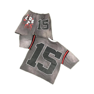 Ropa de calle de verano personalizada lavado ácido 100% algodón serigrafía pantalones cortos conjunto estilo Vintage Hip Hop Logo diseño Boxy camisetas gráficas - Product Image 2