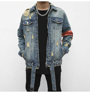 Custom <b>Embroidery</b> Full Zipper Ripped Distress <b>Denim</b> Men's Spring Waterproof Breathable <b>Jackets</b> Drop Shoulder Turn-down Collar - Product Image 2