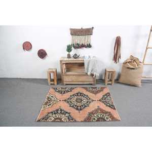 Vintage Accent Rug, 3.6x4.2 ft Turkish Rug, <b>Brown</b> Floral <b>Wool</b> Rug - Product Image 3