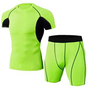Conjunto de 2 Uds de camisa de manga corta de punto transpirable y pantalones cortos de compresión sólidos para entrenamientos de gimnasio y correr - Product Image 3
