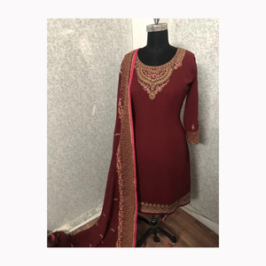 Tenue de soirée de style pakistanais de créateur Sharara Gharara Robe de travail à broderie lourde Dupatta Salwar Kameez en soie et coton bas - Product Image 5