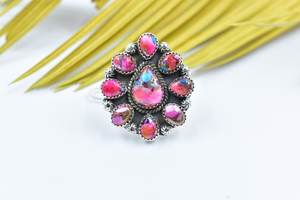 แหวนสเตอร์ลิงดอกรักเร่สีชมพูและเทอร์ควอยซ์ทำด้วยมือแหวนปรับได้เครื่องประดับสไตล์โบโฮสำหรับผู้หญิง - Product Image 3