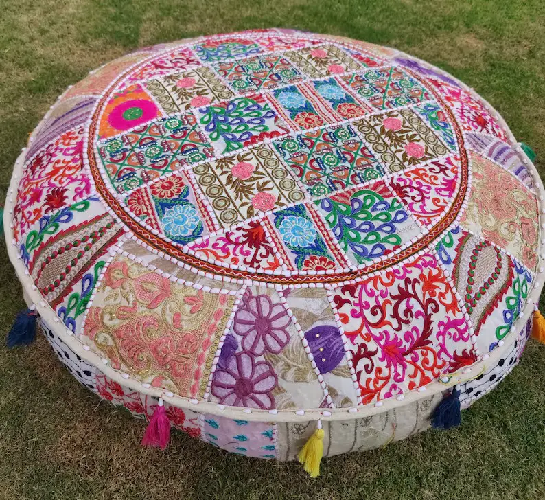 Embroidery Patchwork Round Floor Cushion Cover Bohemian Hippie Decorative Ottoman Pouf Cover
