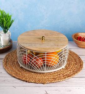 Panier à fruits décoratif pour cuisine neutre avec couvercle, panier à fruits en bois avec couvercle, panier à fruits pour comptoir, bol à fruits en métal, rangement de cuisine - Product Image 1