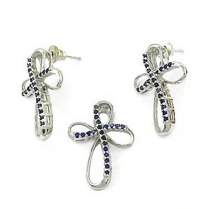 A 925 Silver <b>Blue</b> <b>Sapphire</b> Cross Pendant Set Women Silver Classic Trendy Hypoallergenic Jewelry Gift Daily Wear Rajasthan - Product Image 2