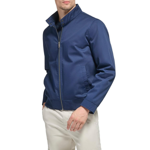 Blue Zipper Canvas Stand Collar Lightweight Customized <b>Baseball</b> <b>Bomber</b> <b>Jacket</b> with Embroidered Logo and Pockets for Men - Product Image 3