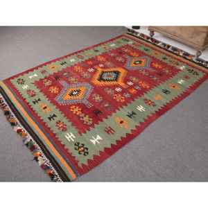Grand tapis turc de 5,5 x 7,8 pieds, tapis vintage, tapis en laine rayé rouge et vert - Product Image 2