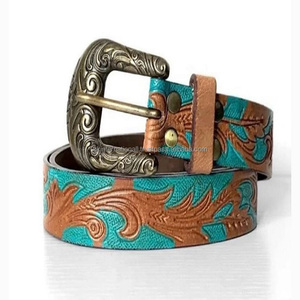 เข็มขัดหนังแท้แบบตะวันตกเพ้นท์ด้วยมือสำหรับทุกเพศดีไซน์รูปใบไม้และคอนยัคเข็มขัดคาวบอยสลักลายนูน - Product Image 4