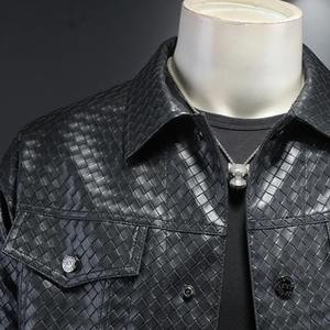 Minglu printemps automne Faux cuir hommes vestes de luxe tissé moto cuir couleur décontracté simple boutonnage homme manteaux 5XL - Product Image 4