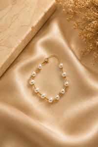 Brass Wire Wrapped Shell Pearl Bracelet | Gold Tone Handcrafted Pearl Chain Bracelet - Product Image 3