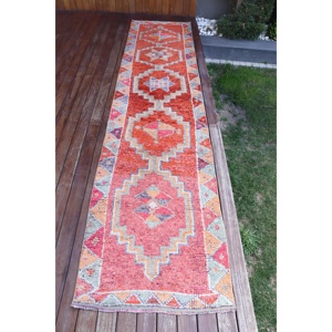 Alfombra Turca Vintage Herki Runner de 2.6x11.4 pies, Alfombra Roja con Puntos de Polka, Lana - Product Image 1