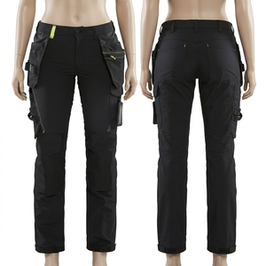 Pantalon de travail noir pour femme en ripstop 260 GSM, coton extensible, design à panneaux utilitaires, logo personnalisé brodé et imprimé, coupe durable, Wear Pro - Product Image 1