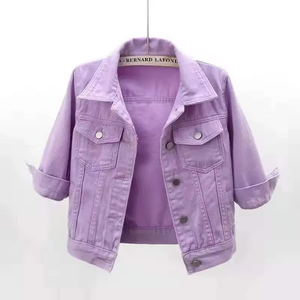 <b>Womens</b> <b>Jean</b> Jacket Cropped Denim Jackets Stretchy <b>3</b>/<b>4</b> Puff Sleeve Distressed Shacket With Pockets Purple Yellow White Outerwear - Product Image 6