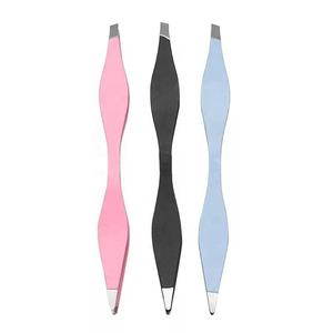 Pince à sourcils professionnelle en acier inoxydable à double extrémité 2 pointes pointues inclinées double face à double bord de couleur rose noir - Product Image 5