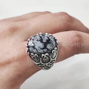 Bague en argent sterling 925 pour homme, pierre précieuse naturelle obsidienne flocon de neige, pierre de naissance, toutes tailles, bijoux de fête arabe, vente en gros - Product Image 3
