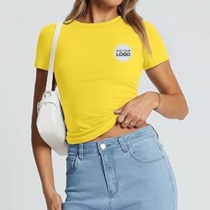 Tops cortos lisos básicos para mujer Camiseta estándar de manga corta de 100% algodón con cuello redondo y manga larga - Product Image 5