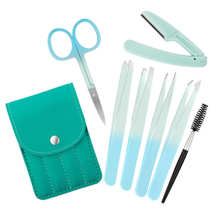 Kits de pinzas para pestañas de papel multicolor Juego de pinzas para el cuidado de las cejas con agarre antideslizante con estuche de cuero azul - Product Image 1