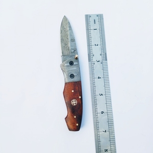 Wholesale Full Damascus Steel Inner Lock Folding Knife DIY Grade OEM Customizable Wood Leather Sheath for Outdoor Pocket Use - Product Image 6