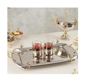 Taille et forme personnalisées, plateau de service pour collations, plateau de service en acier inoxydable de couleur argent avec bordure de couleur or - Product Image 4