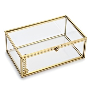 Joyero de latón y vidrio de diseño premium, caja de embalaje de joyería de lujo personalizada, caja de collar y brazalete de anillo de 2 compartimentos - Product Image 1