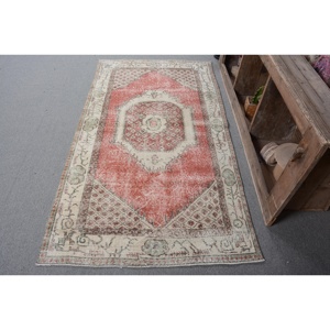Tapis turc vintage, tapis de sol de 3,7 x 6,8 pieds, tapis patchwork rouge et blanc - Product Image 1