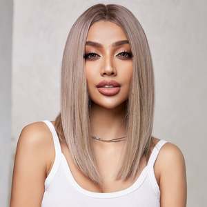 DWY 16 Inch Light Pink <b>Brown</b> Short Straight <b>Wig</b> with Transparent Lace Front - Product Image 4
