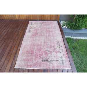 Vintage Area Rug 3.7x6.8 ft, <b>Red</b> Ikat Turkish <b>Wool</b> Rug - Product Image 1