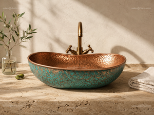 Évier en cuivre martelé fait main DIVRIS, design rustique, patine turquoise, extérieur poli, intérieur poli, DRC-2023 - Product Image 6
