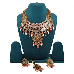 Ensemble de collier de mariée en Kundan plaqué or blanc et bordeaux, bijoux fins en cuivre pour femmes et filles pour mariage - Product Image 4