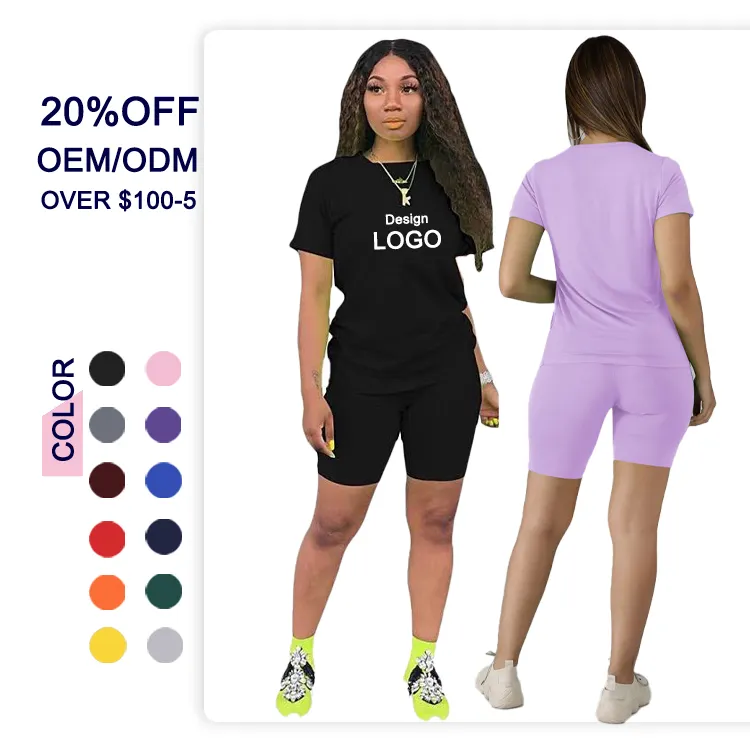 Kualitas tinggi grosir produsen warna Solid polos dua potong Set pendek pakaian kustom baju olahraga musim panas celana pendek pengendara sepeda wanita set