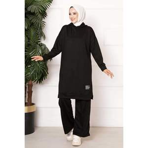 ชุดวอร์มมีฮู้ดของผู้หญิงพร้อมรายละเอียดสัญลักษณ์เส้นด้ายคู่สีดำ - Product Image 3