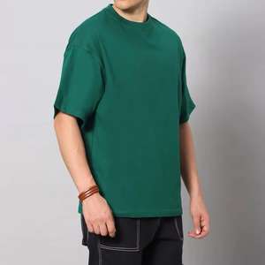 T-shirt imprimé bouffant de couleur verte unie avec logo personnalisé T-shirt respirant à coupe ample en tissu 100% coton pour hommes vente en gros - Product Image 3
