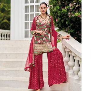 Elegante sin mangas tamaño libre cosido Chinon con bordado impreso sharara traje perfecto para la temporada de bodas - Product Image 1