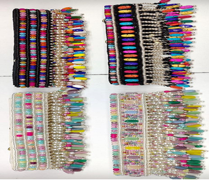 Custom made heavy embroidery material laces with latkans of multi coloured stones for festive <b>dresses</b> and for reselling purposes - Product Image 1