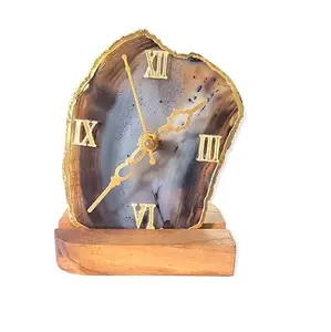 Relógio de mesa de ágata galvanizado com suporte de metal dourado/coaster, relógio de mesa com pedras preciosas, desenho incrível, decoração para escritório doméstico