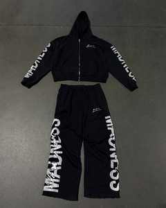 Custom Distressed Acid Wash Zip Up Vintage Chándales Apliques Bordado Parche 500GSM Terry Sudadera con capucha y pantalones de chándal Conjunto para los hombres - Product Image 3