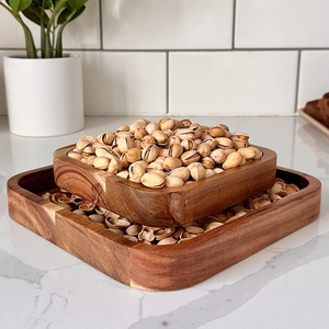 Natural Acacia Wood Double Snack Bowl for Nuts, Pistachio & Sunflower Seeds with Shell Storage - Product Image 1